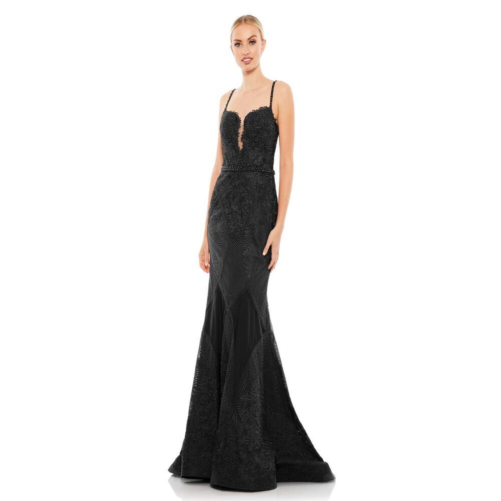 Mac Duggal Black Embroidered Sleeveless Plunge Neck Trumpet Gown Size 6 NWT - Picture 4 of 12